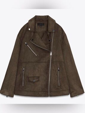 ZARA Faux Suede Biker Jacket – Khaki Brown – Size Large